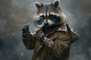 Detective Raccoon With Magnifying Glass - obrazy, fototapety, plakaty