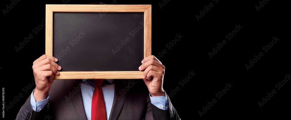 Poster close-up of a businessman dressed in suit and red tie holding a small empty blackboard with wooden f