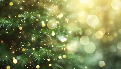 Golden Christmas Lights on Green Pine Tree