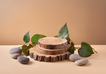 Natural Podium for Display Packaging: rustic podium made from stacked logs and branches