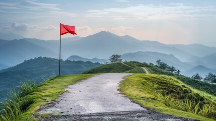 Road with red flag on top of mountain in the morning  