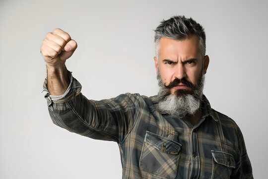 Confident man in plaid shirt showing fist to camera. Expressing strength and determination. Casual style, simple portrait concept. Generative AI