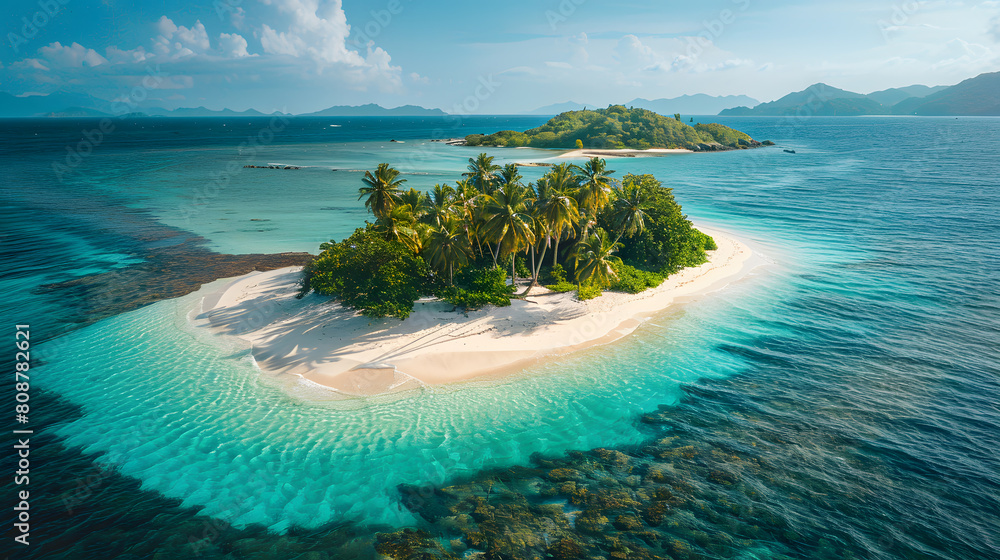 Wall mural A photo featuring a remote tropical island paradise with pristine beaches and lush palm trees. Highlighting the turquoise waters and white sand, while surrounded by vibrant coral reefs