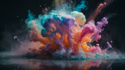 Colorful paint drops from above mixing in water. Ink swirling underwater
