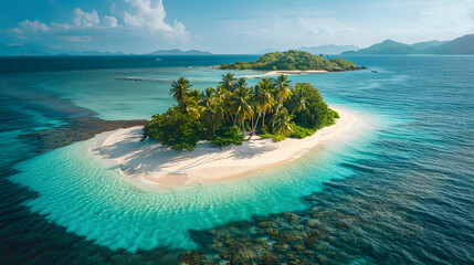 A photo featuring a remote tropical island paradise with pristine beaches and lush palm trees. Highlighting the turquoise waters and white sand, while surrounded by vibrant coral reefs