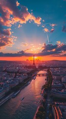 Paris aerial panorama with river Seine and Eiffel tower