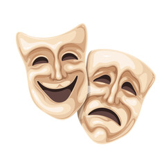 Theater masks with cartoon sad and happy faces. Two masks with expressions of laughter and sadness of actor, cartoon symbol of masquerade, theatrical drama or comedy performance vector illustration