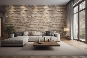 modern studio interior with decorative stone walls in grey. stone wood, tiles and led lighting in the design of the room.Beautiful modern large bright living room