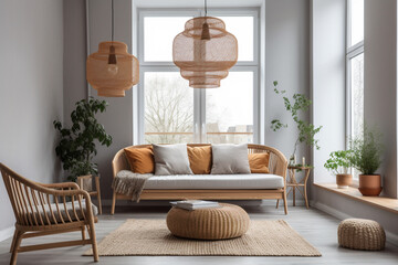 Modern interior of open space with design modular sofa, furniture, wooden coffee tables, plaid, pillows, tropical plants and elegant personal accessories in stylish home decor. Neutral living room.