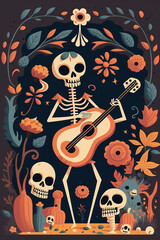 Skeleton in Mexican traditional costume dancing, singing, playing guitar, Dia de Muertos, Day of the Dead vector Illustration