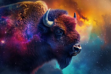 Colorful bison space. Mammal animal. Generate Ai