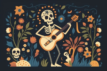 Invitation poster to the Day of the dead party. Dea de los muertos card with skeleton playing the guitar. Funny holiday background.