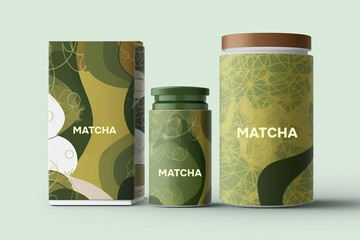 Japanese green tea banners. Pile of matcha tea powder with tea leaves. frame with doodle tea and abstract elements.	
