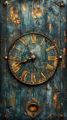 Vintage clock on the old wooden door, closeup of photo