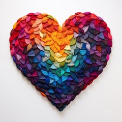 A vibrant 3D origami heart displaying a full spectrum of rainbow colors