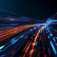 Fototapeta premium Abstract background of blue and orange light rays with a digital data stream in the center. The background shows streaks and lines moving fast in the style of digital technology