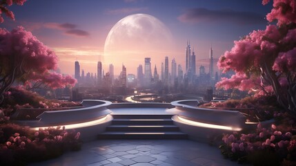 A futuristic pop landscape design featuring a sleek and minimalist cityscape with glowing pathways and floating gardens