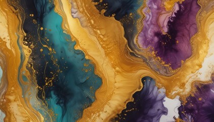 Fototapeta premium abstract fluid art painting with alcohol ink, liquid design illustration with gold paths, wallpaper background with luxury