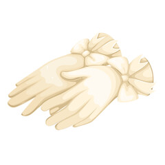 White vintage gloves, cartoon theatrical costume or wedding accessory. Retro elegant silk gloves pair with ribbon bow for chic lady, cartoon luxury fashion clothes element vector illustration
