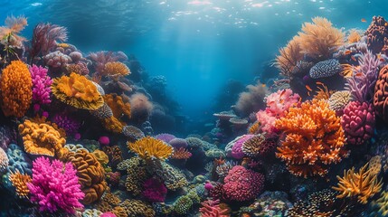 A panoramic view of a thriving coral reef, where the entire scene is dominated by the bright persimmon color of healthy coral, offering a window into the vibrant biodiversity of marine life.