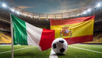 Fototapeta premium italy flag spain flag with football in a stadium for the European Championship