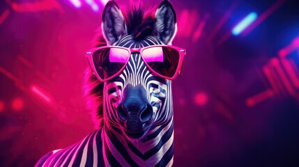 Obraz premium Zebra with colorful neon retrowave background.