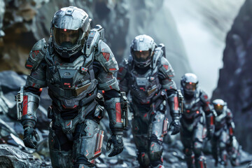 A group of soldiers in space suits are marching across a rocky terrain