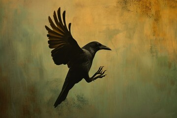 Black bird reaches up. Bird with open wings. Generate ai