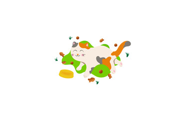 Cute calico cat is very happy with dry food