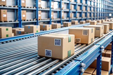 Logistics. Intelligent, automatic packaging of parcels in a warehouse, tags and QR codes in cardboard boxes for effective tracking, authentication and tracking.