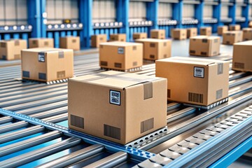 Logistics. Intelligent, automatic packaging of parcels in a warehouse, tags and QR codes in cardboard boxes for effective tracking, authentication and tracking.