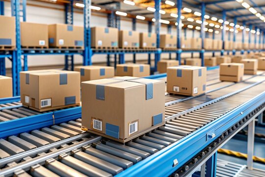 Logistics. Intelligent, automatic packaging of parcels in a warehouse, tags and QR codes in cardboard boxes for effective tracking, authentication and tracking.