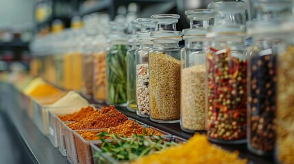 food quality control, in a food quality lab, spices and ingredients are meticulously organized in glass jars for precise measurement and testing of food products