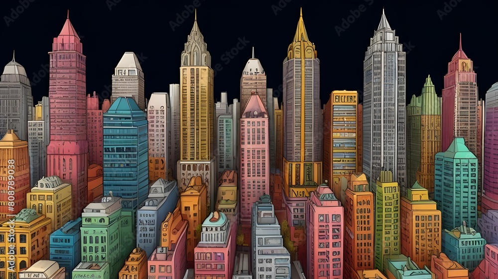 Poster drawing of a big empty city with pencil style - colorful cityscape with buildings generative ai