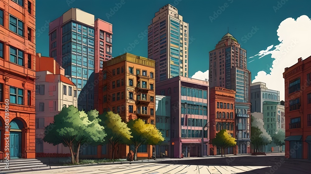 Poster drawing of a big empty city with pencil style - colorful cityscape with buildings generative ai