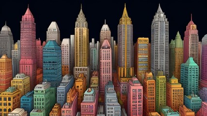 Drawing of a big empty city with pencil style - colorful cityscape with buildings Generative AI 