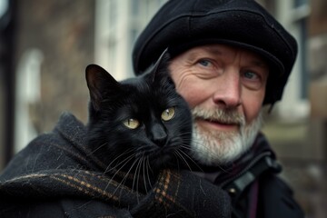 Black cat Scottish with cute happy man. Style fashion happy home pet. Generate Ai