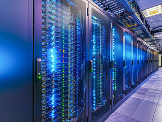 A row of computer servers with a green light on the front of the server