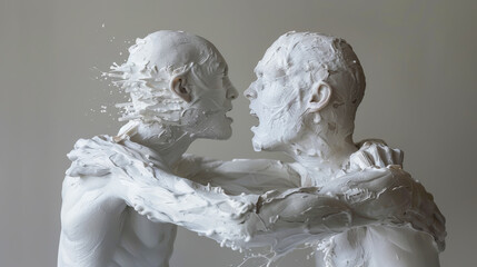 Two men are hugging each other, one of them is covered in white paint