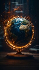 earth globe surrounded with fire mimic of the trouble going on in the world