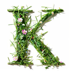 Green organic grass with tiny flowers made letter K on white clean background. Environment concept. Generative AI