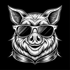 Pig animal in sunglasses sketch engraving vector illustration. Scratch board style imitation.