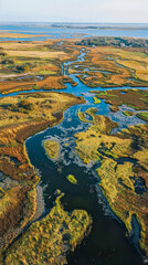 A large body of water is surrounded by a field of tall grass