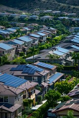 Fototapeta premium Aerial view of residential houses with solar panels on the roofs with green trees