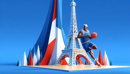 Basketball player and Eiffel tower, Basketball game in France, Olympic games 2024