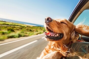 A joyful dog sits in the passenger seat of a car, its head happily out the window as it enjoys the ride.