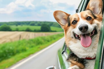 A happy dog sticks its head out of a car window, enjoying the rush of fresh air as it travels down the road.