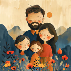 Happy family, illustration of mother, father and child hugging and joyful.