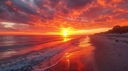 A serene beach scene where the horizon meets the ocean, engulfed in deep oranges and reds of a sunset, reflecting off the water to create a scene of peace and fiery beauty.