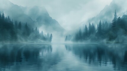 A serene landscape engulfed in soft, swirling white mist, creating a dreamlike atmosphere with faint silhouettes in the background.